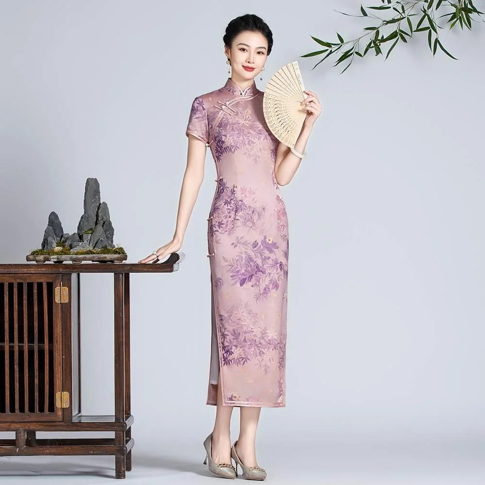 钱塘佳人24新款紫色旗袍女高新中真丝端式喜妈妈礼服日常素雅旗新