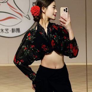 性感练功服罩衫 新款 小上衣女士蝙蝠袖 玫瑰网纱短款 拉丁舞蹈服长袖