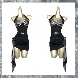 新款 拉丁舞服女士挂脖吊带上衣玫瑰花朵半身裙高级感练功表演服