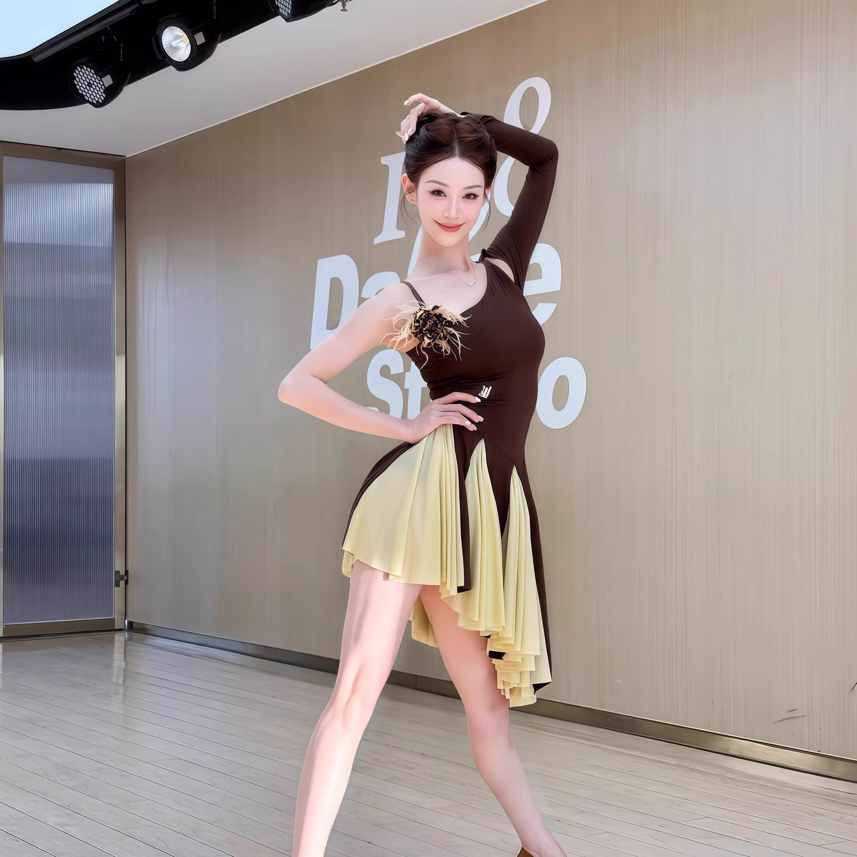 春季新款拉丁舞服成人女练习服斜肩吊带镂空长袖连衣裙表演演出服