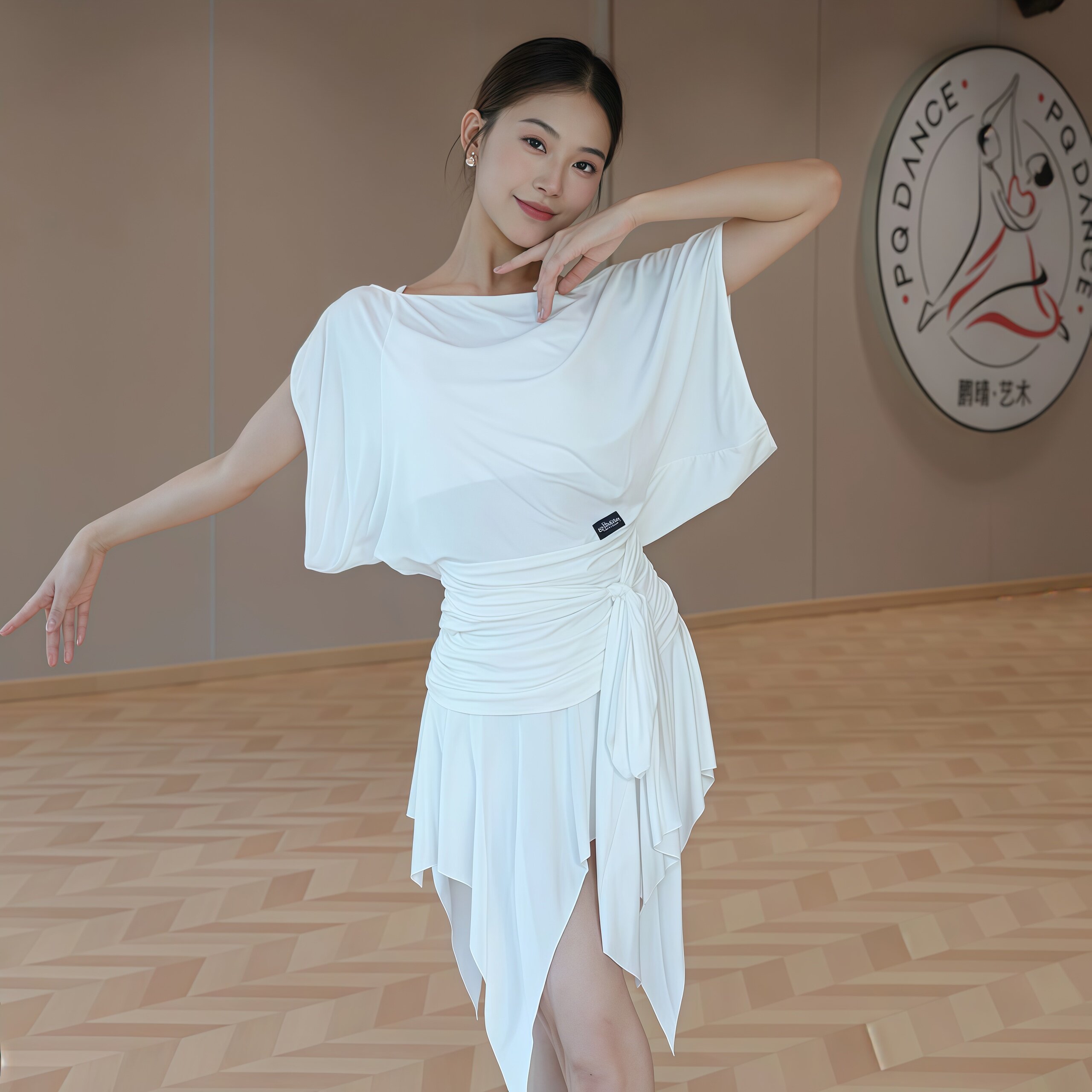 2026新款拉丁舞成人女白色斜肩露背上衣不规则半身裙练习舞服套装