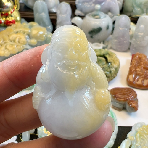 送证书天然翡翠A货冰黄财神爷