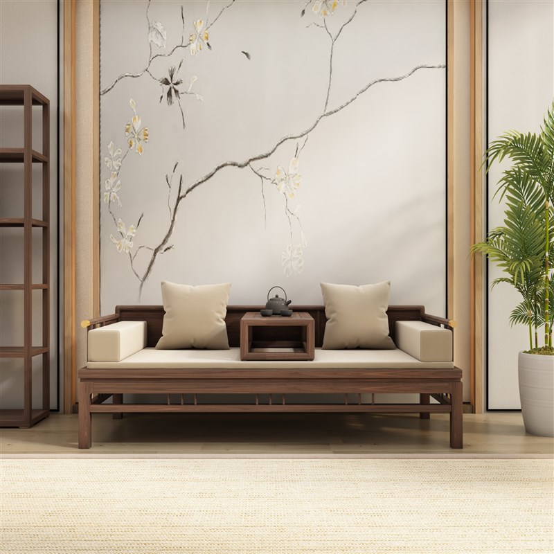 新中式现代沙发i罗汉床老榆木客厅小户型实木抽拉伸缩简约推拉榻