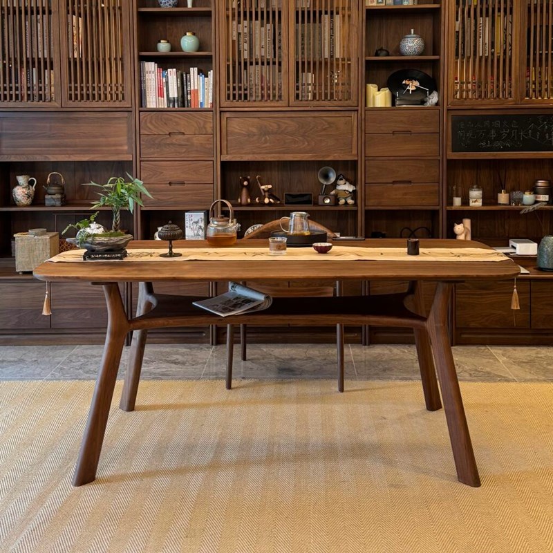 新中式北美黑胡h桃木大板原木茶桌宋式美学办公室意式餐桌书桌家