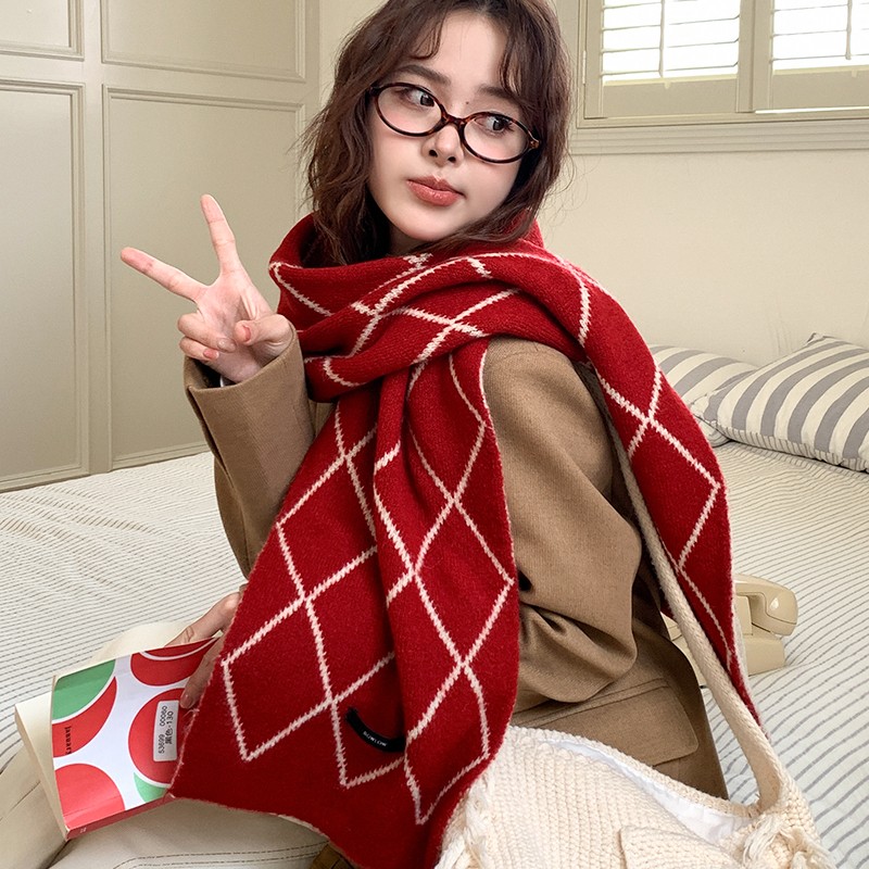 含羊毛格子围巾女针织韩版百搭2025新款秋冬季新年保暖护颈围脖