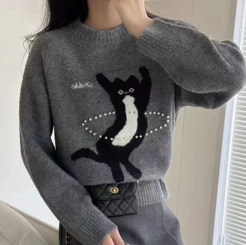 【珍珠猫咪】2025年新款毛衣秋冬宽松气质圆领百搭针织衫