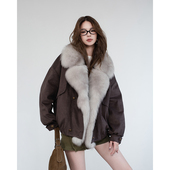 2025秋冬新款 麂皮绒狐狸毛领高端短款 外套皮草村派克服女B2471
