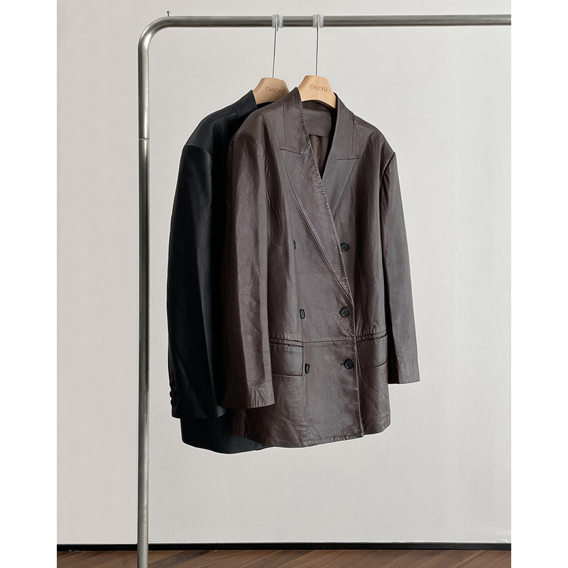 高档半植鞣绵羊皮春秋宽松休闲复古真皮皮衣西装外套女B1658