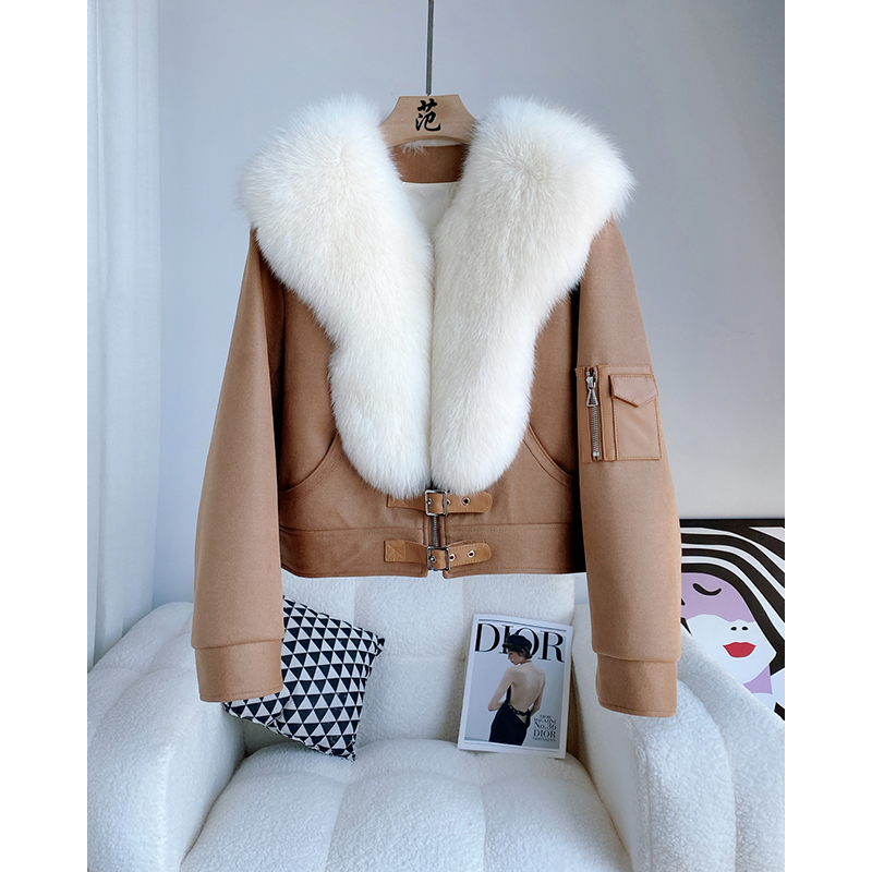进口狐狸毛皮草外套女短款2025冬新大毛领机车羽绒服大衣B1916