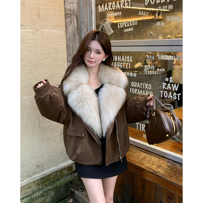 狐狸毛领短款皮草外套女鹅绒内胆麂皮绒2025新款B2731