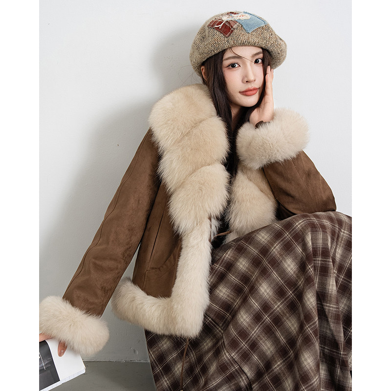 轻奢大毛领狐狸毛皮草短款外套女2025冬麂皮绒鹅羽绒大衣B2752