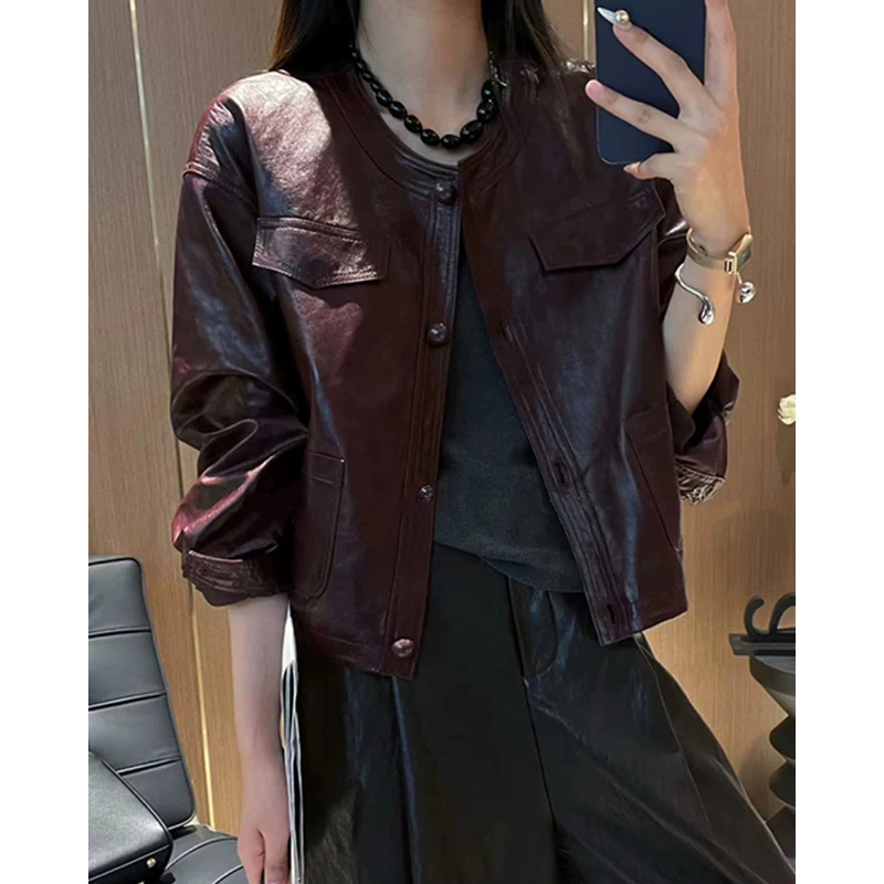 绵羊皮植鞣皮夹克圆领真皮皮衣2024新高级短款外套女B1343