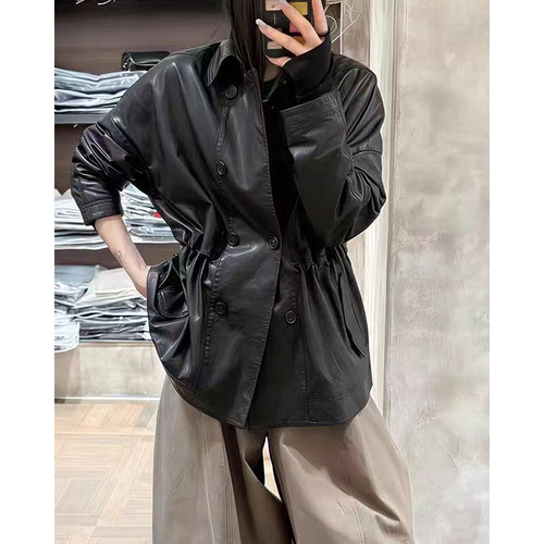 全植鞣油蜡真皮皮衣外套女绵羊皮中长款2026新款收腰皮风衣B2817