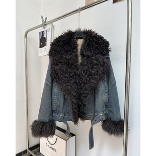 牛仔派克服鹅绒服羊羔毛皮毛一体西装 领机车皮草外套B1957