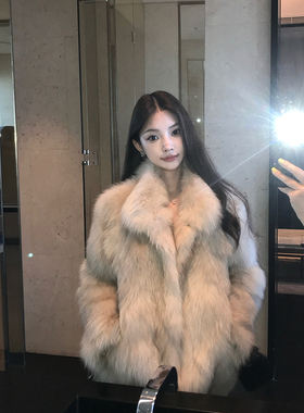 2025新款高档狐狸坎毛小立领宽松霜色毛毛皮草外套女冬B2235