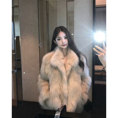 2025新款高档狐狸坎毛小立领宽松霜色毛毛皮草外套女冬B2235