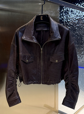 2025春季新款欧货翻领下摆抽绳拉链短款褶皱绵羊皮真皮皮衣B1405