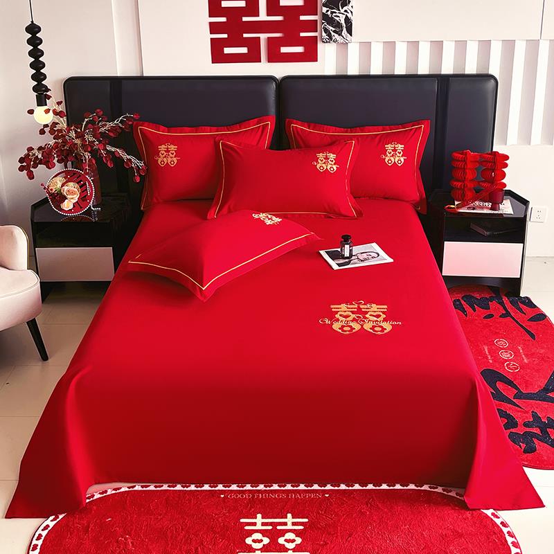 中式结婚大红色床单单件纯棉新娘婚房布置出嫁陪嫁枕套被单三件套