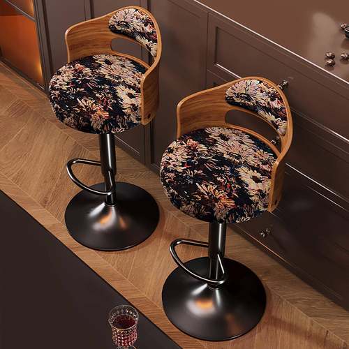 中古风木质靠背高脚椅家用吧台椅花卉印花布艺坐垫可升降酒吧椅