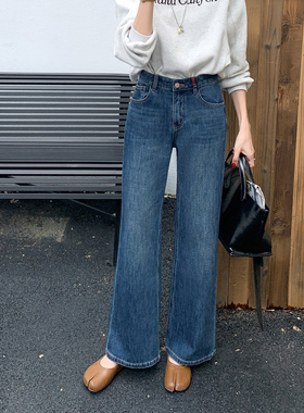 F95105菲西子feixizi牛仔裤女早秋森调高腰弹力蓝色拖地筒喇裤