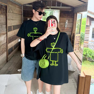 ZK-18576港风ins趣味线条小人印花短袖【实物以直播间为准】