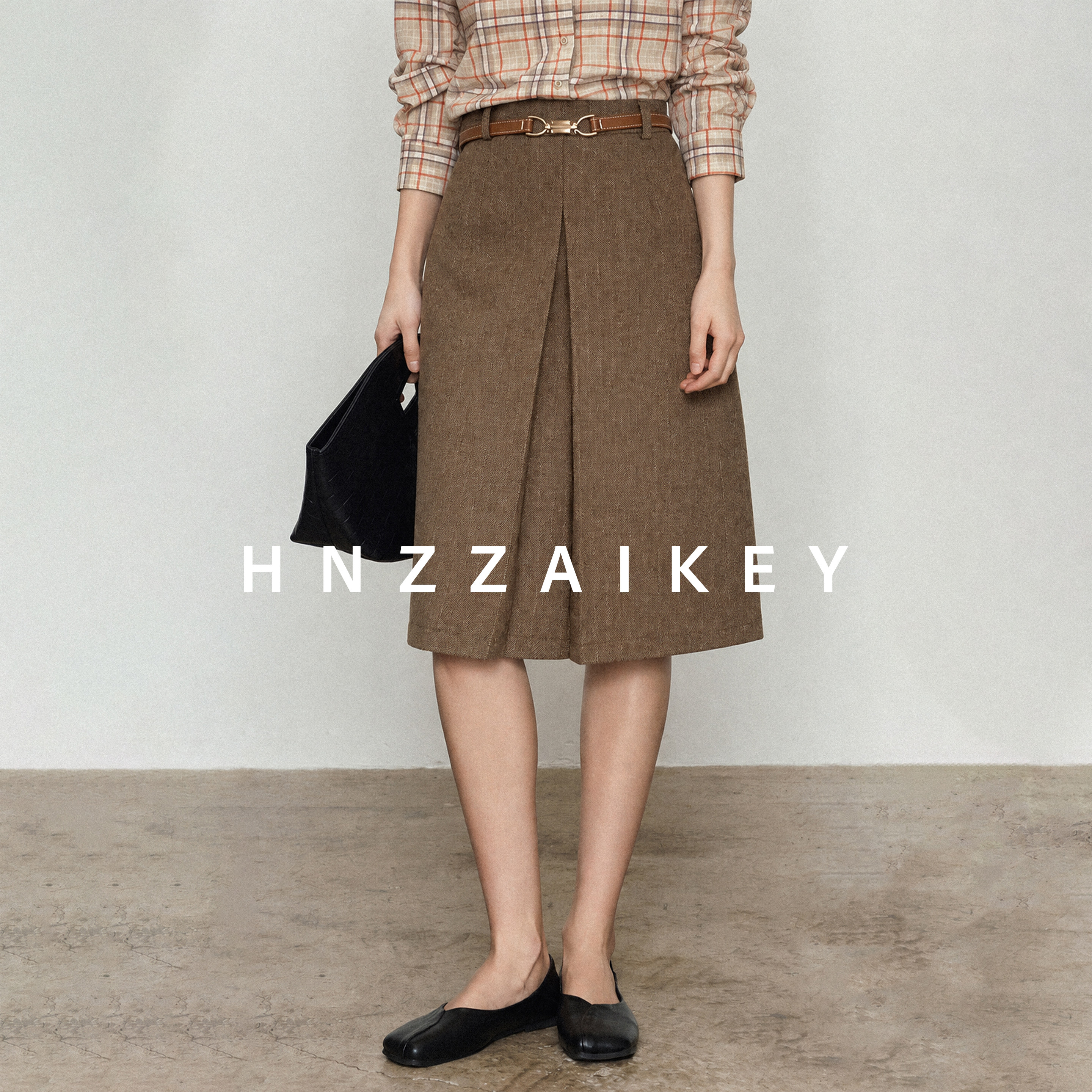HNZZAIKEY/高腰中长款A字半身裙女秋冬配腰带遮胯显瘦裙子ECBD636