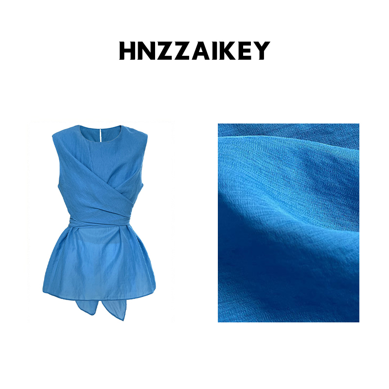 HNZZAIKEY 法式高级感扭结小衫绑带收腰短袖上衣U25S100422