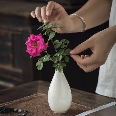 白瓷手工水培小花瓶 陶瓷花插家居客厅摆件茶道中式功夫茶具配件