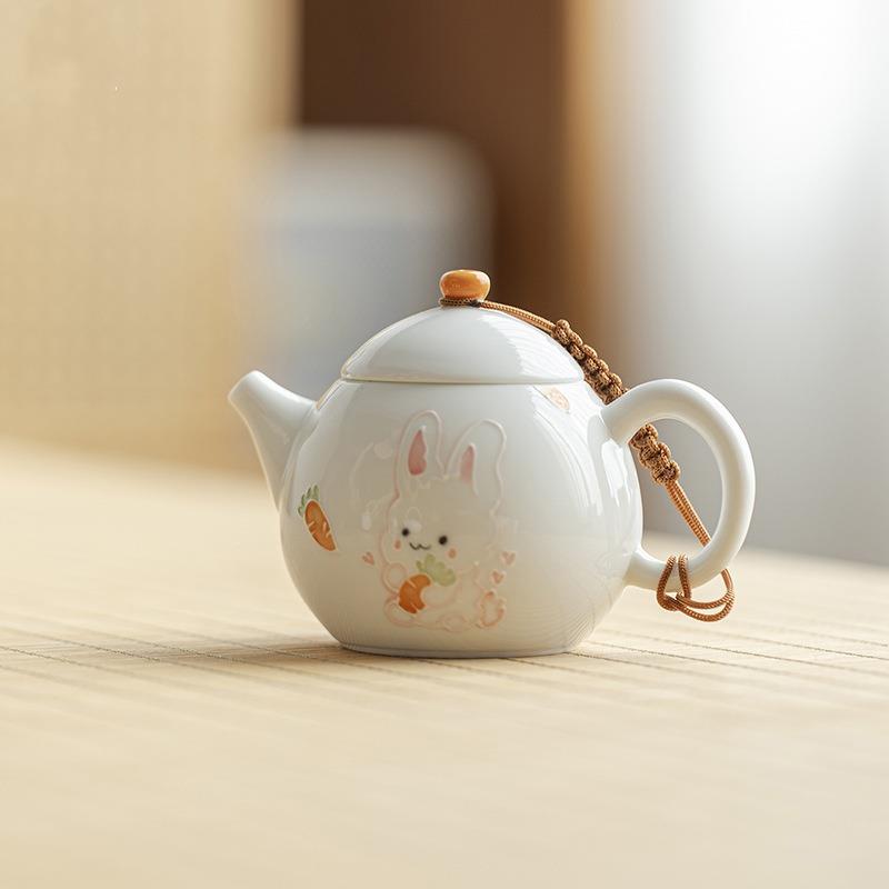 儿童茶艺卡通茶具手绘萌兔小茶壶小兔子玉泥白瓷球孔过滤陶瓷小壶