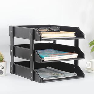 皮革三层文件架文件列桌面存储和组织文件托盘商务信息架办公用品