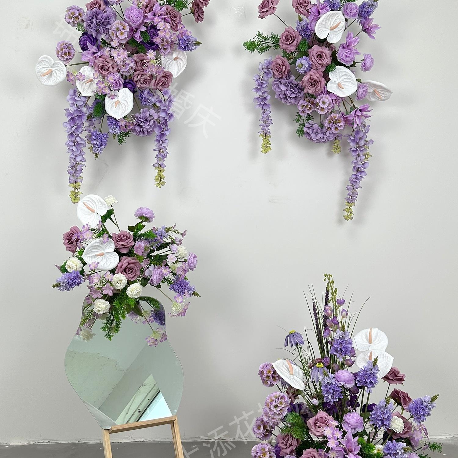 婚庆彷真花紫色地排花森系花艺道具婚礼背景美陈布置路引装饰假花