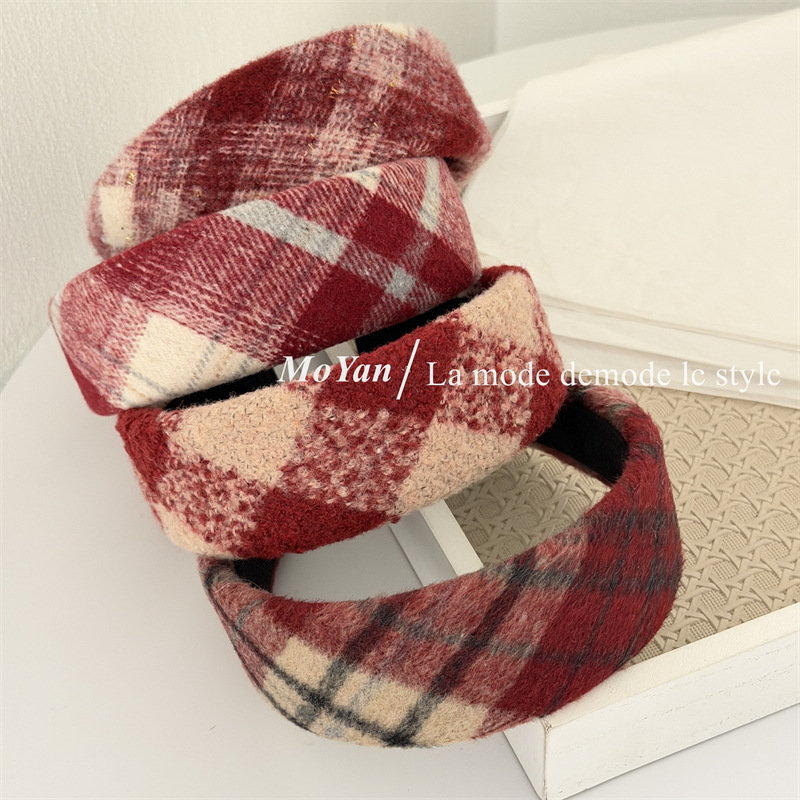 圣诞新年红色系格纹毛呢发箍韩版小香风宽边头箍小众外出气质发卡