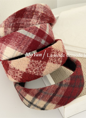 圣诞新年红色系格纹毛呢发箍韩版小香风宽边头箍小众外出气质发卡