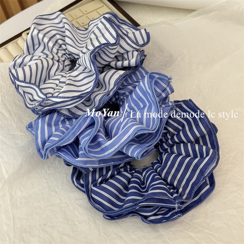 韩系博主同款头绳小清新布艺蓝色条纹发圈新款头花低马尾发绳
