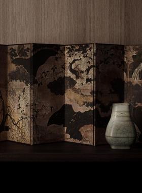 日式传统美学日月山水图图双面桌面小屏风茶桌屏风茶室背景摆件