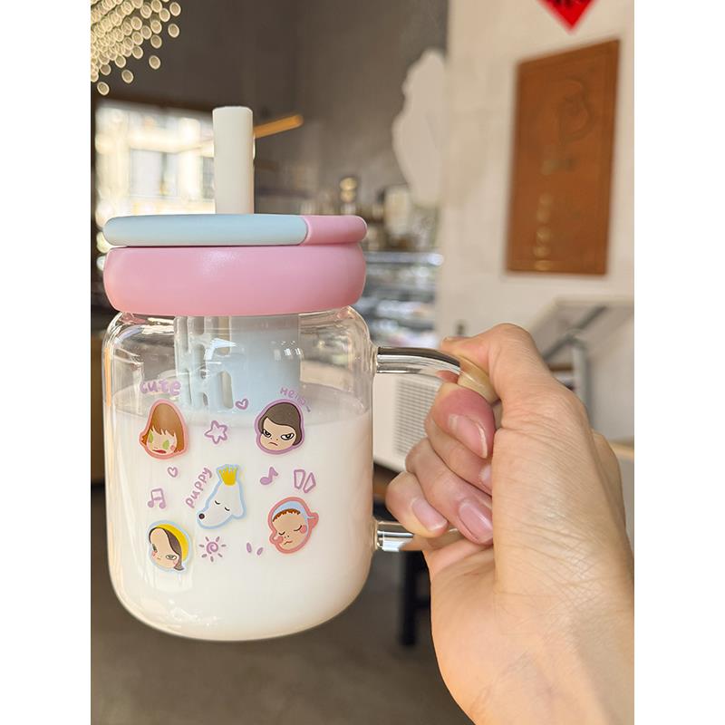 手柄动物波波杯大容量耐高温带把手玻璃杯女生学生茶水分离水杯
