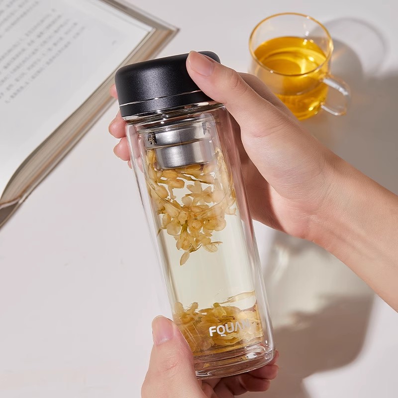 富全夏日玻璃杯男女新款简约水杯办公室茶水分离杯家用耐高温杯子