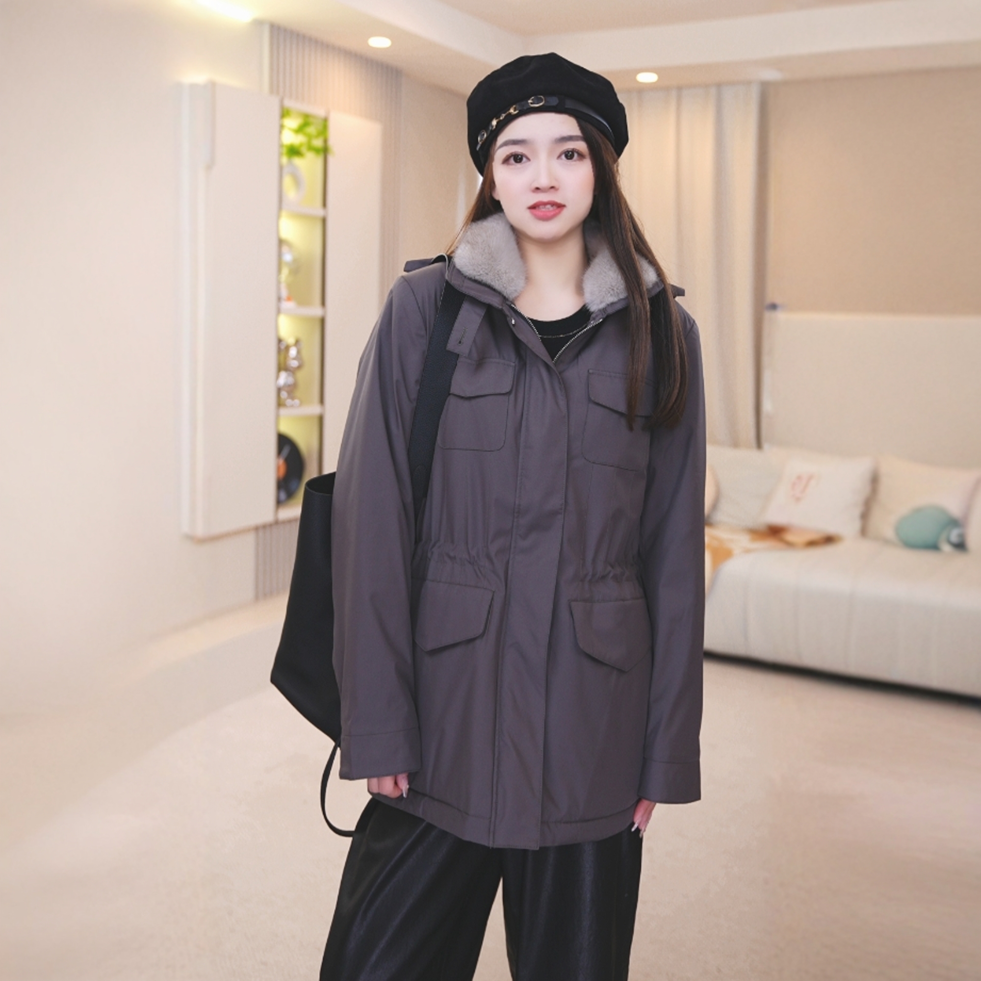 【贺贺Hehe】极简老钱风旅行者水貂领内里山羊绒派克服#HHJJ24588