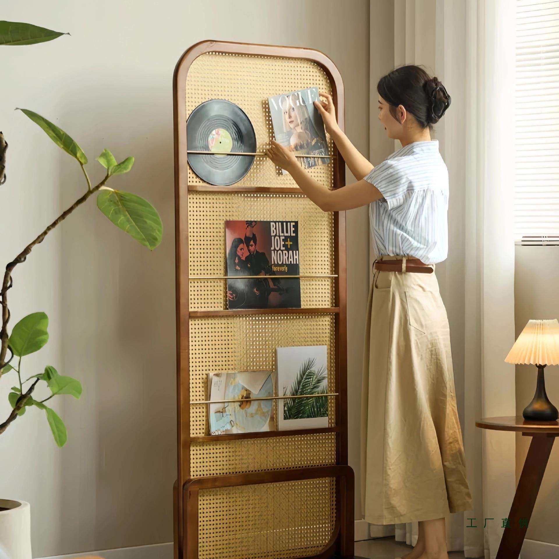 中式复古轻奢实木屏风隔断客厅卧室玄关座屏移动遮挡藤编杂志书架