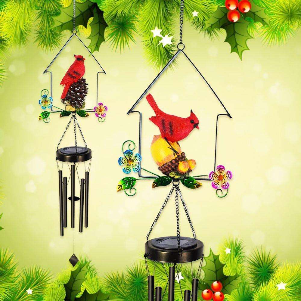 跨境太阳能庭院灯户外铁艺景观装饰灯防水红鸟花园创意房子风铃灯