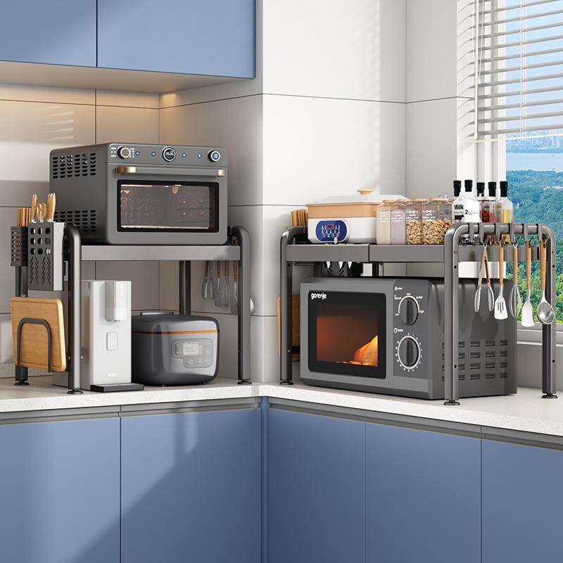 可伸缩厨房置物架微波炉架子家用台面桌面双层电饭锅烤箱收纳支架