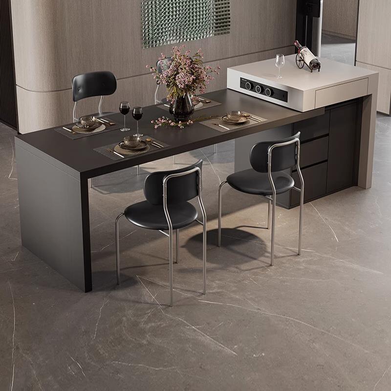 意式现代纯黑岩板岛台餐桌一体小户型家用多功能可伸缩厨房中岛台