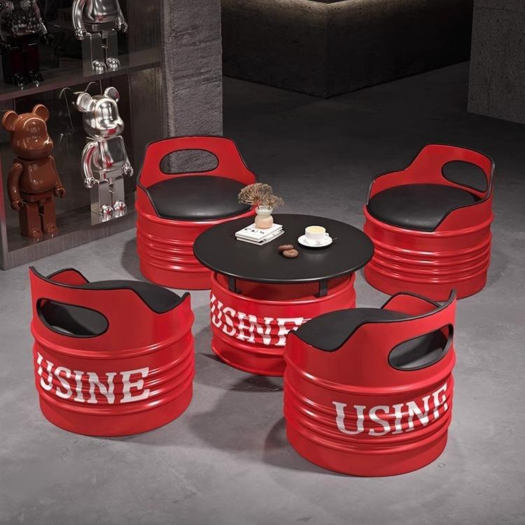 工业风油桶沙发椅创意酒吧卡座奶茶店机车休息区铁艺茶几桌椅组合