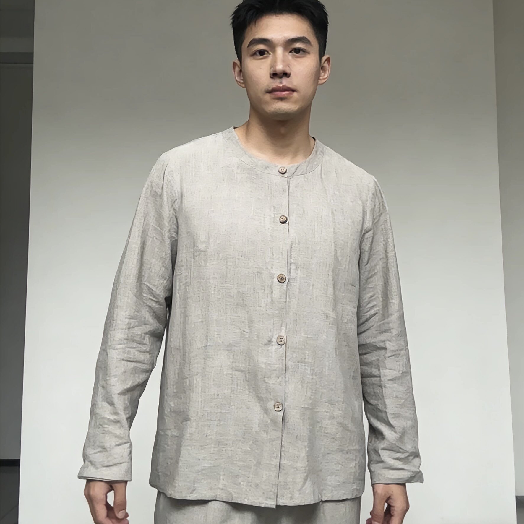 汉麻双雨露男款立领套装高级感长袖长裤家居服透气吸湿