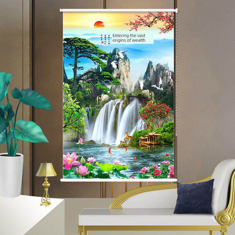 定制卷帘办公室客厅厨房阳台浴室防水遮光山水画卷拉可调窗帘