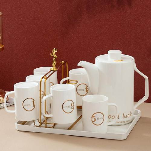 水杯家用套装现代简约水具轻奢高档礼品水壶陶瓷耐热鎏金识别杯子