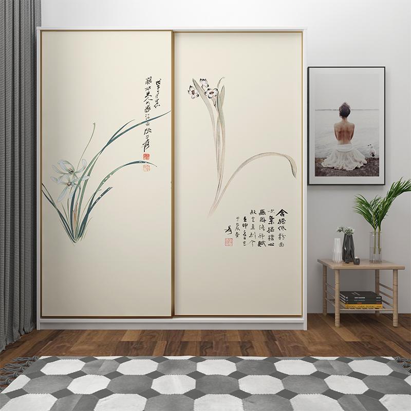 中式复古兰花图衣柜门贴纸自粘装饰玄关卧室玻璃门移门推拉门改造