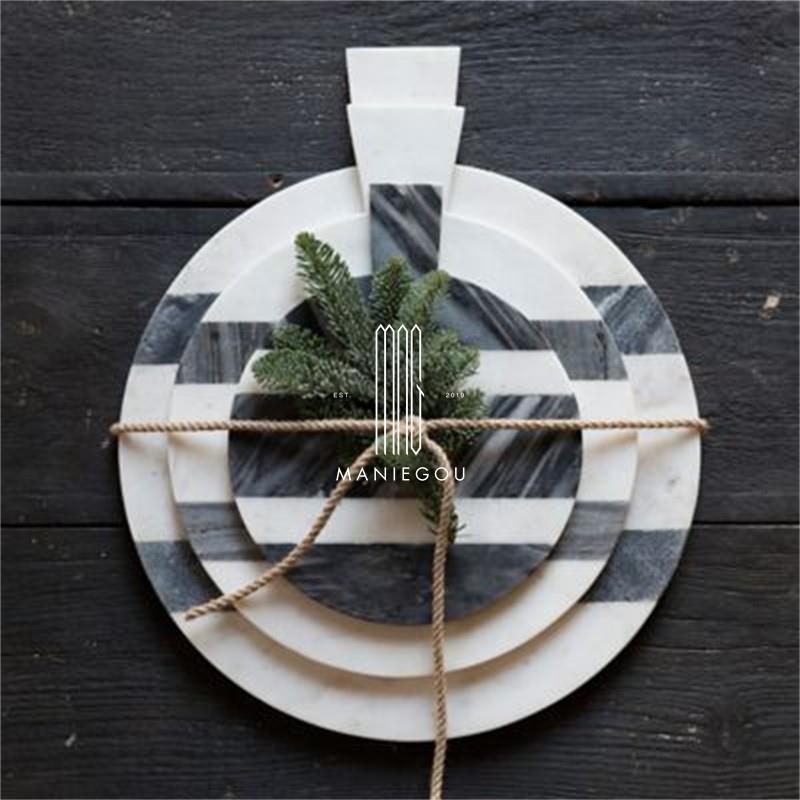 可定制天然白色大理石圆形托 托盘带手把菜板寿司餐盘甜品点心盘