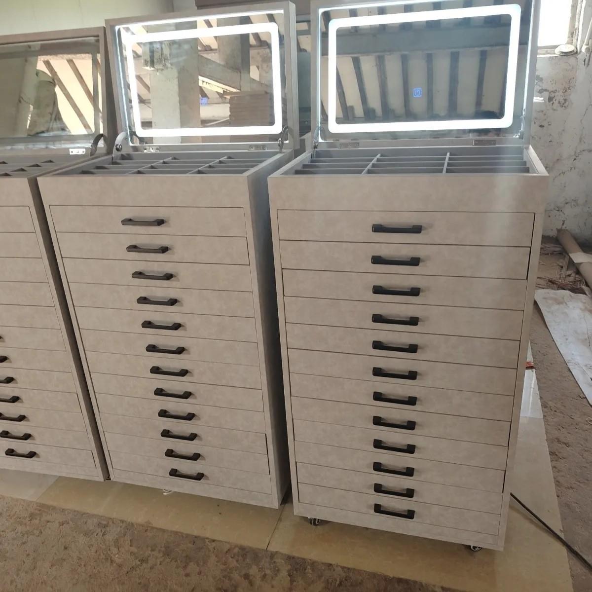 新推荐灰色皮革眼镜展示柜多层抽屉光学太阳镜展示架锁发光