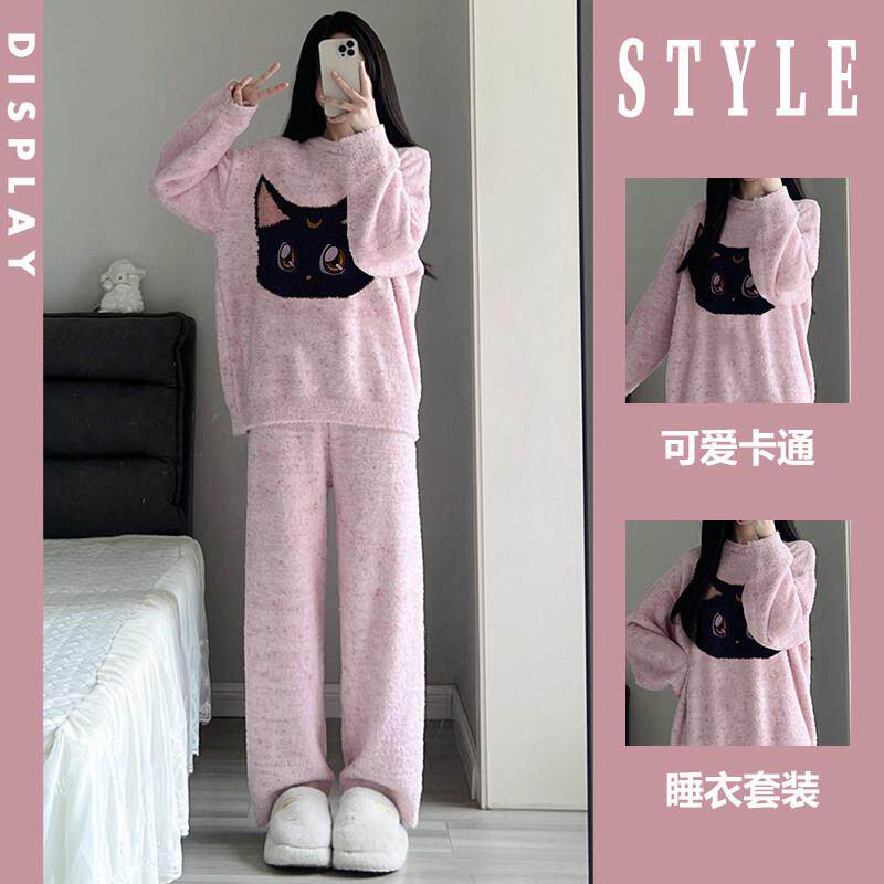 ins甜美小猫针织毛绒睡衣女款冬款加绒加厚半边绒家居服大尺码套